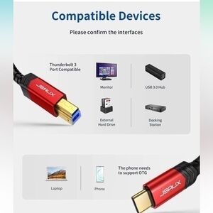 NWT JSAUX USB 3.0 Cable B Male to USB-C, 6.6ft USB 3 Type B Cord Nylon B…